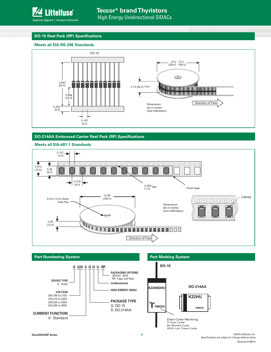 Teccor, Brand thyristors, High energy unidirectional sidacs | Part numbering system part marking system, K22hu, Do-15 reel pack (rp) specifications, Meets all eia-481-1 standards | Littelfuse K2xx0yHU Series User Manual | Page 6 / 6