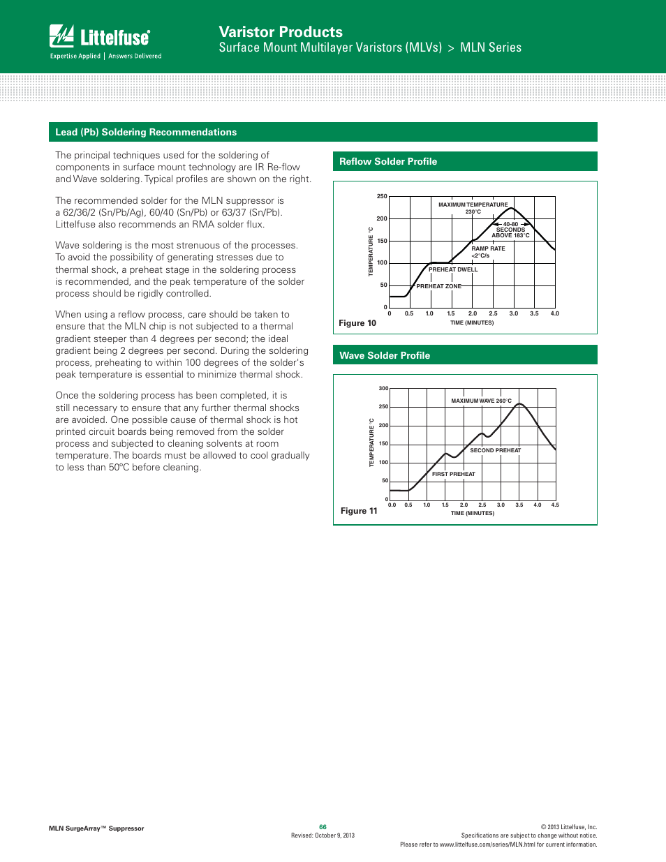 Varistor products, Reﬂ ow solder proﬁ le wave solder proﬁ le | Littelfuse MLN SurgeArray Suppressor User Manual | Page 4 / 6