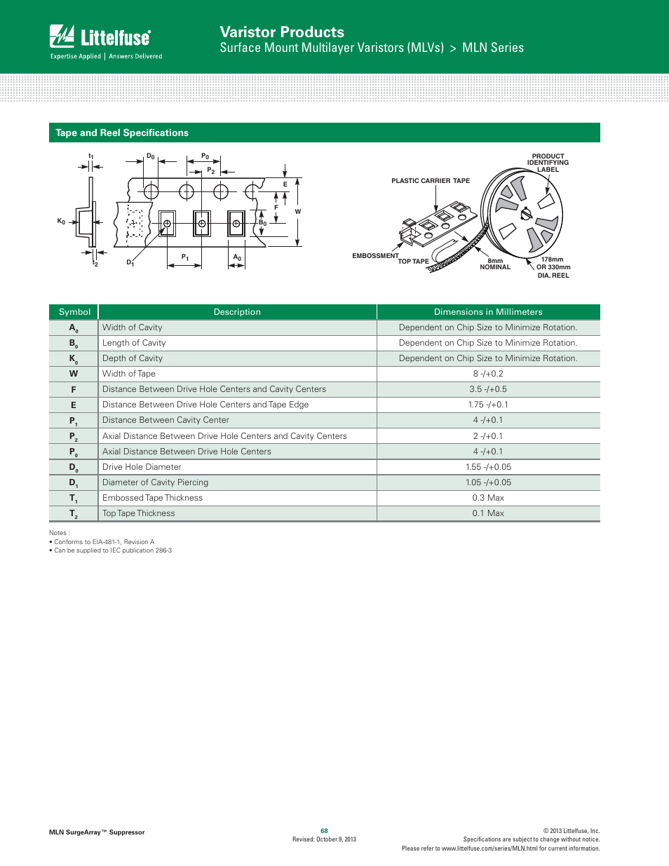 Varistor products, Tape and reel speciﬁ cations | Littelfuse MLN SurgeArray Suppressor User Manual | Page 6 / 6