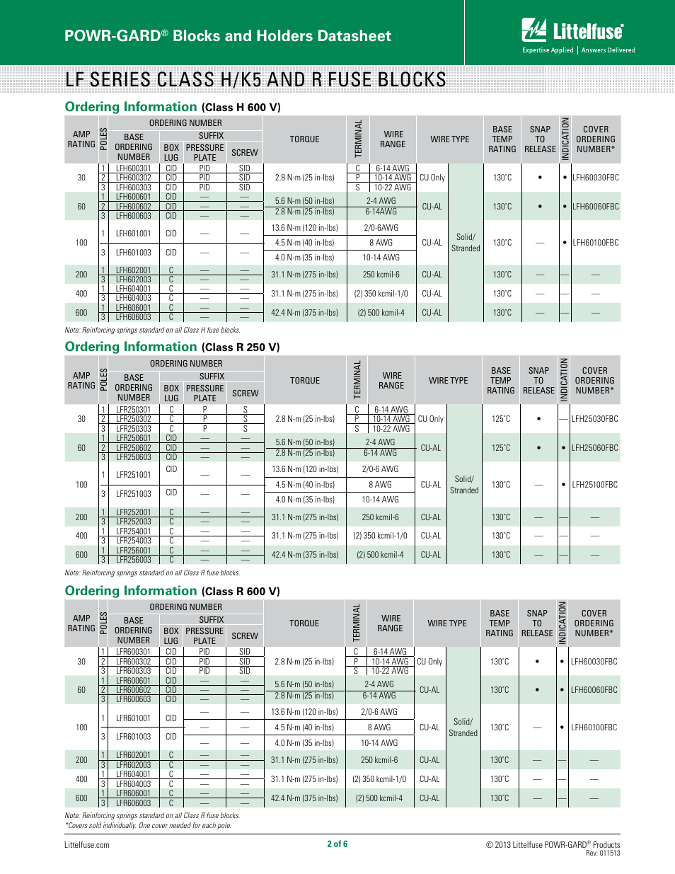 Lf series class h/k5 and r fuse blocks, Powr-gard, Blocks and holders datasheet | Ordering information | Littelfuse LFR Series User Manual | Page 2 / 6