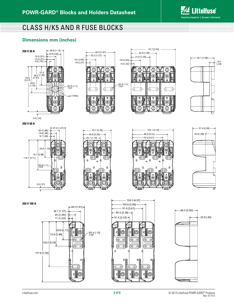 Class h/k5 and r fuse blocks, Powr-gard, Blocks and holders datasheet | Dimensions mm (inches) | Littelfuse LFR Series User Manual | Page 3 / 6