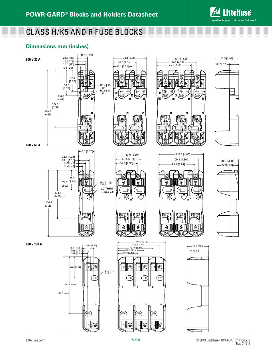 Class h/k5 and r fuse blocks, Powr-gard, Blocks and holders datasheet | Dimensions mm (inches), 5 of 6 | Littelfuse LFR Series User Manual | Page 5 / 6