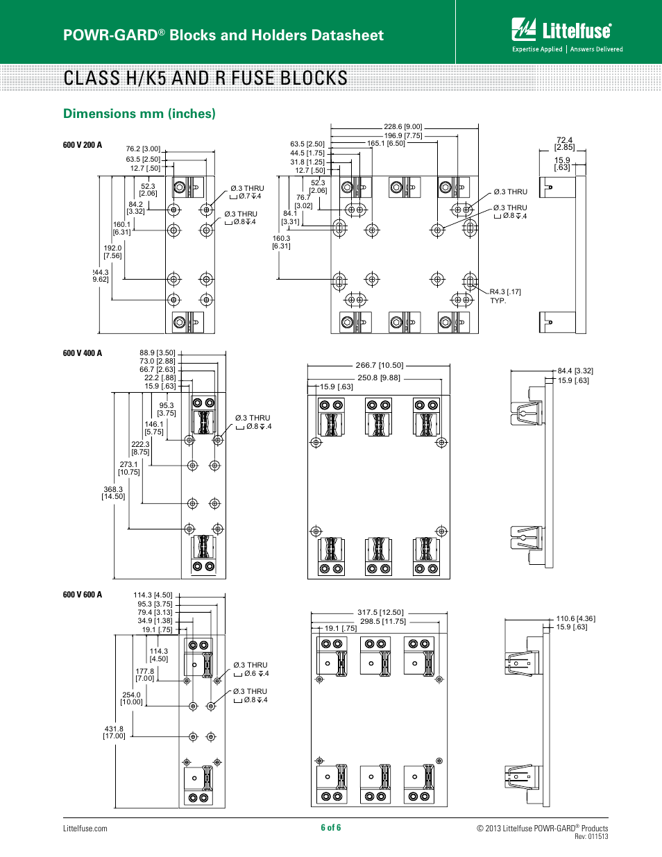 Class h/k5 and r fuse blocks, Powr-gard, Blocks and holders datasheet | Dimensions mm (inches) | Littelfuse LFR Series User Manual | Page 6 / 6