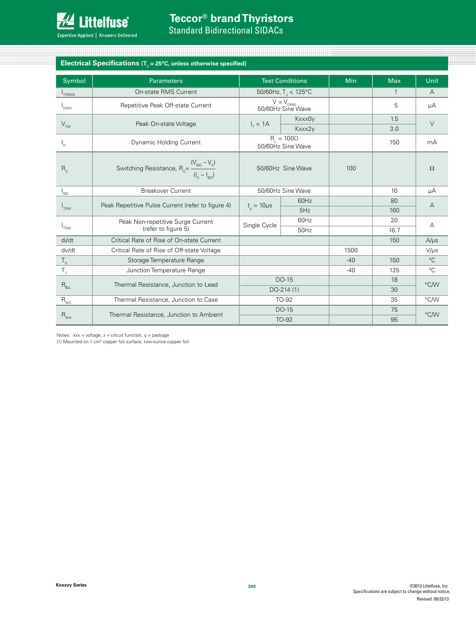 Teccor, Brand thyristors, Standard bidirectional sidacs | Littelfuse Kxxxzy SIDAC User Manual | Page 2 / 12