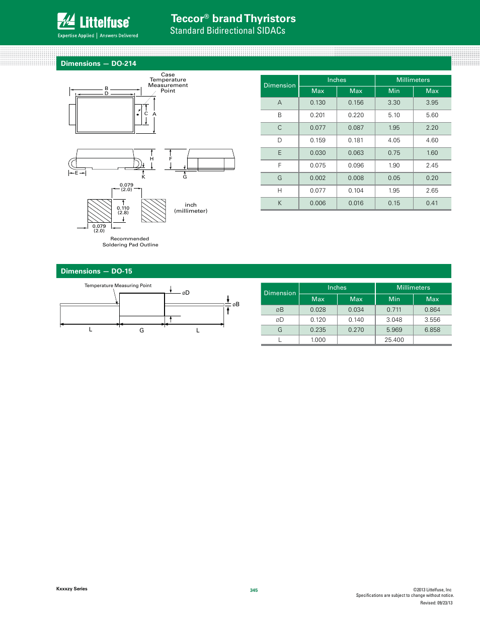 Teccor, Brand thyristors, Standard bidirectional sidacs | Littelfuse Kxxxzy SIDAC User Manual | Page 7 / 12
