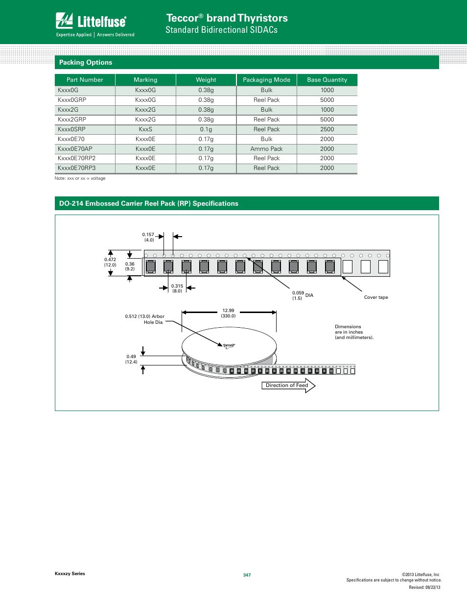 Teccor, Brand thyristors, Standard bidirectional sidacs | Littelfuse Kxxxzy SIDAC User Manual | Page 9 / 12