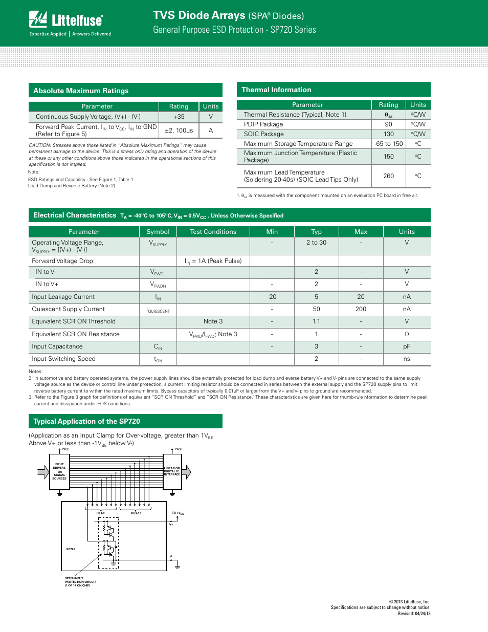 Tvs diode arrays, General purpose esd protection - sp720 series, Diodes) | Absolute maximum ratings, Electrical characteristics, Thermal information, Typical application of the sp720 | Littelfuse SP720 Lead-Free_Green Series User Manual | Page 2 / 6