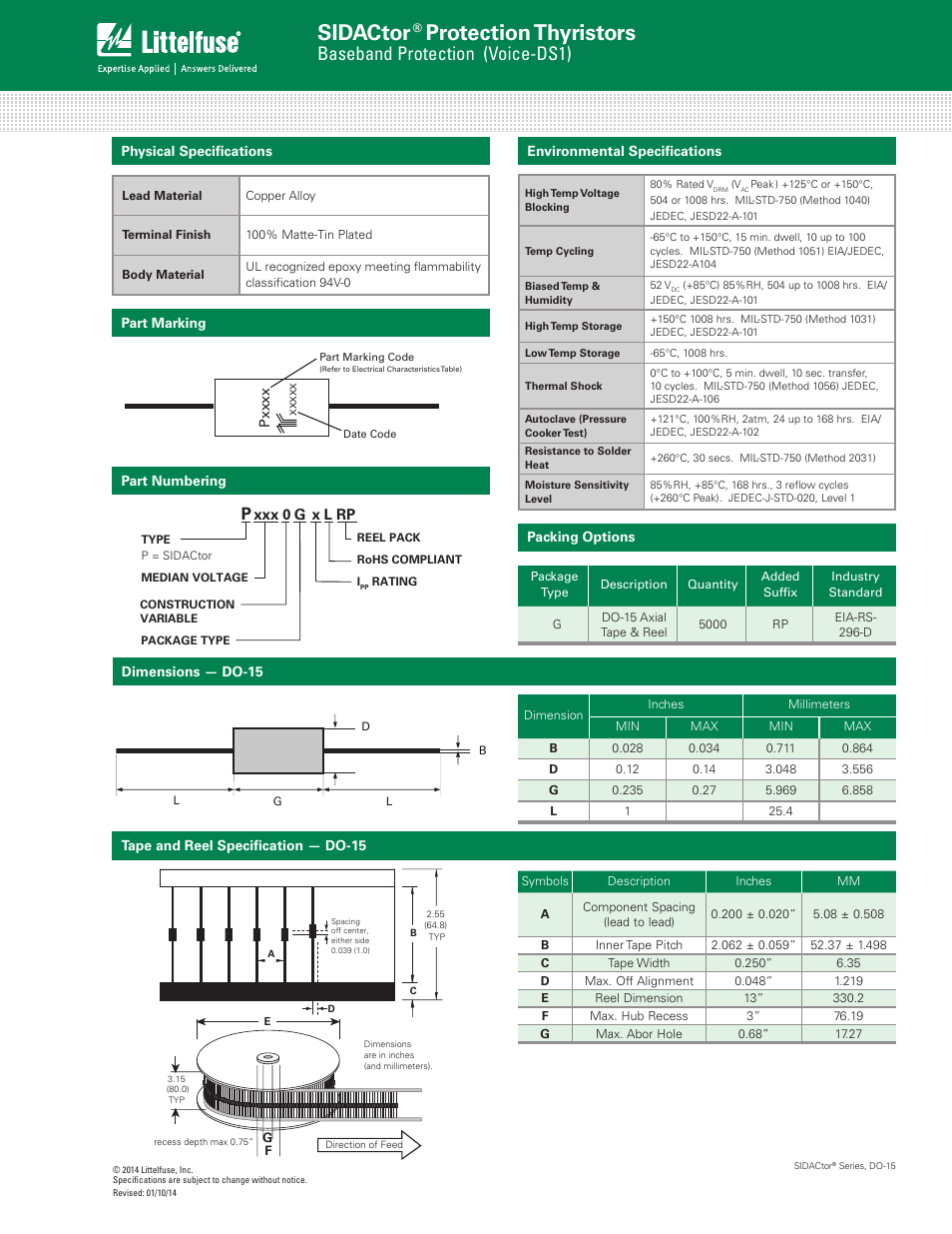 Sidactor, Protection thyristors, Baseband protection (voice-ds1) | X l rp, Xxx 0 g | Littelfuse SIDACtor Series DO-15 User Manual | Page 3 / 3