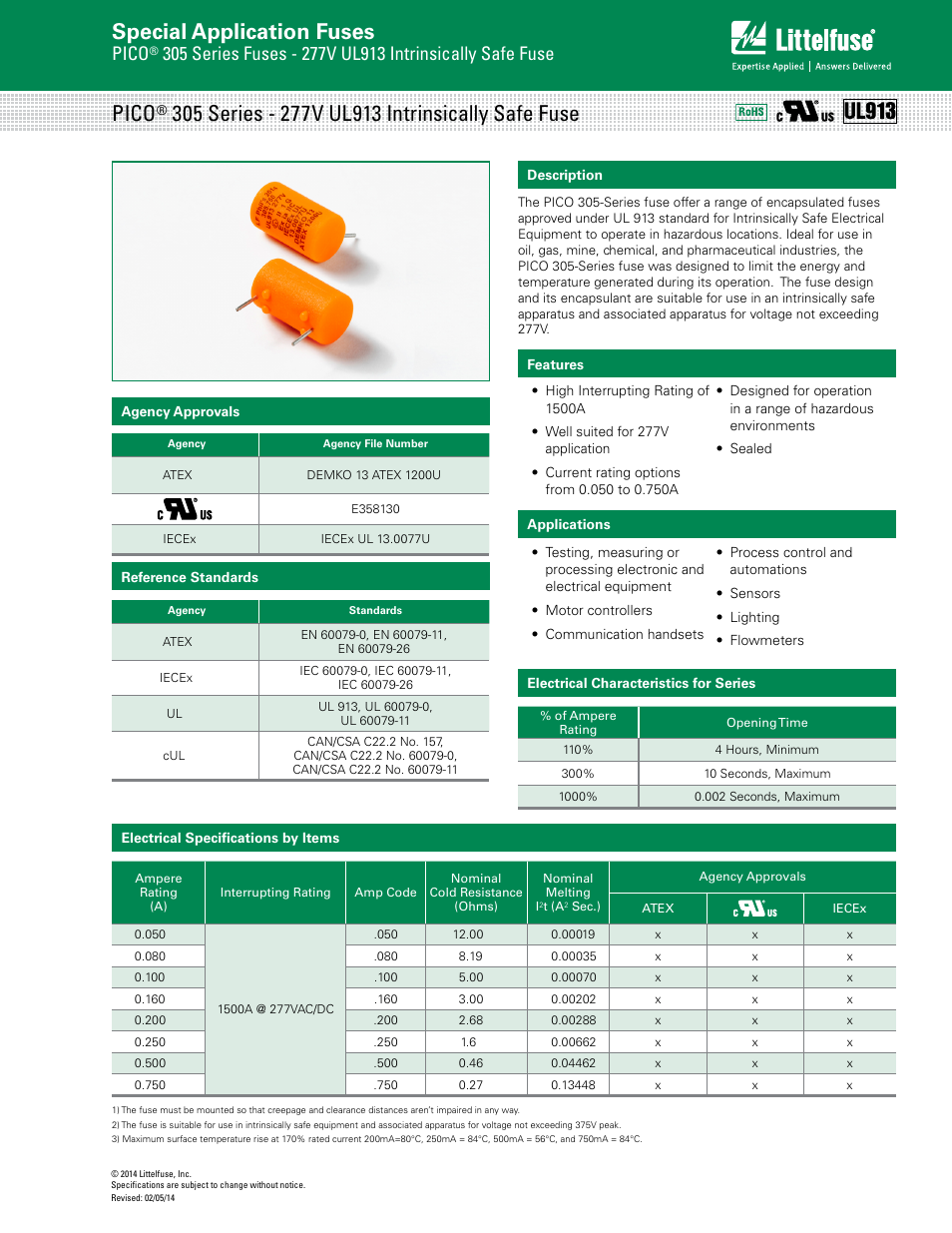 Littelfuse PICO 305-UL913 Series User Manual | 2 pages