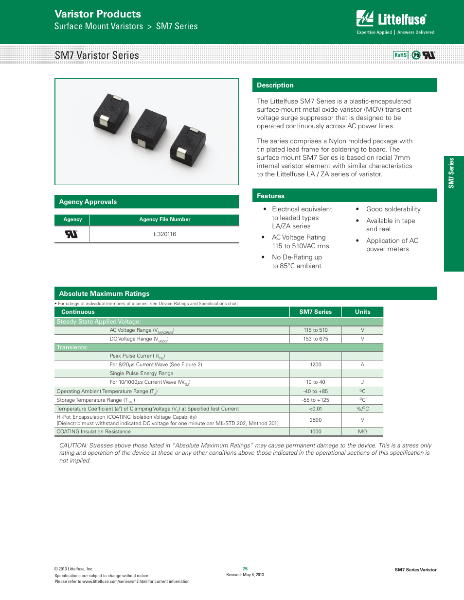 Littelfuse SM7 Varistor Series User Manual | 5 pages