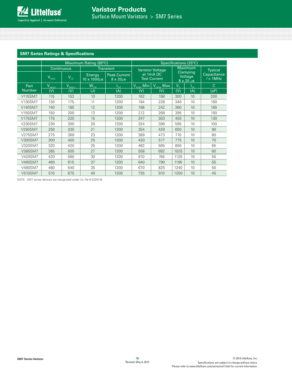 Varistor products, Surface mount varistors > sm7 series | Littelfuse SM7 Varistor Series User Manual | Page 2 / 5