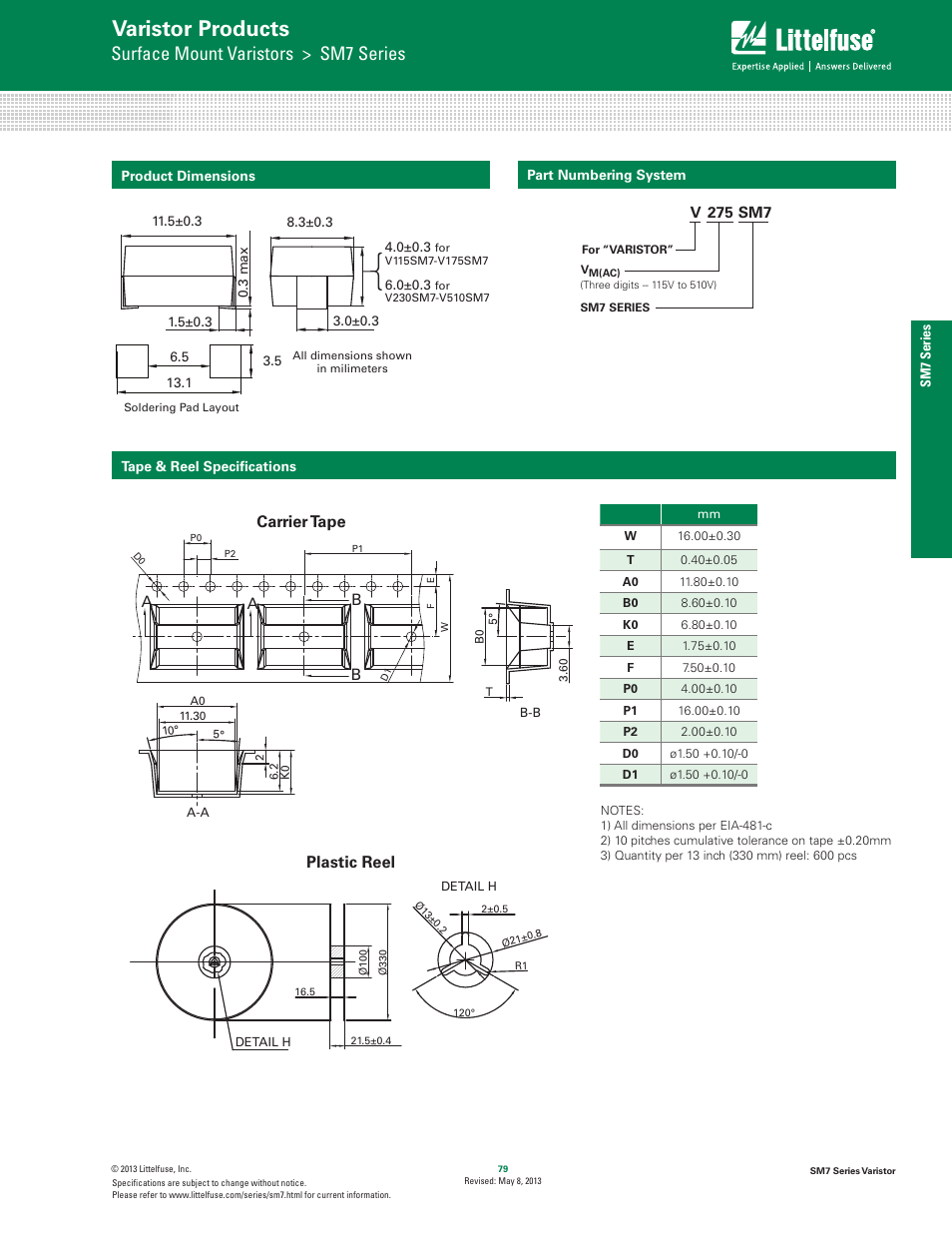 Varistor products, Surface mount varistors > sm7 series, Plastic reel | Carrier tape | Littelfuse SM7 Varistor Series User Manual | Page 5 / 5