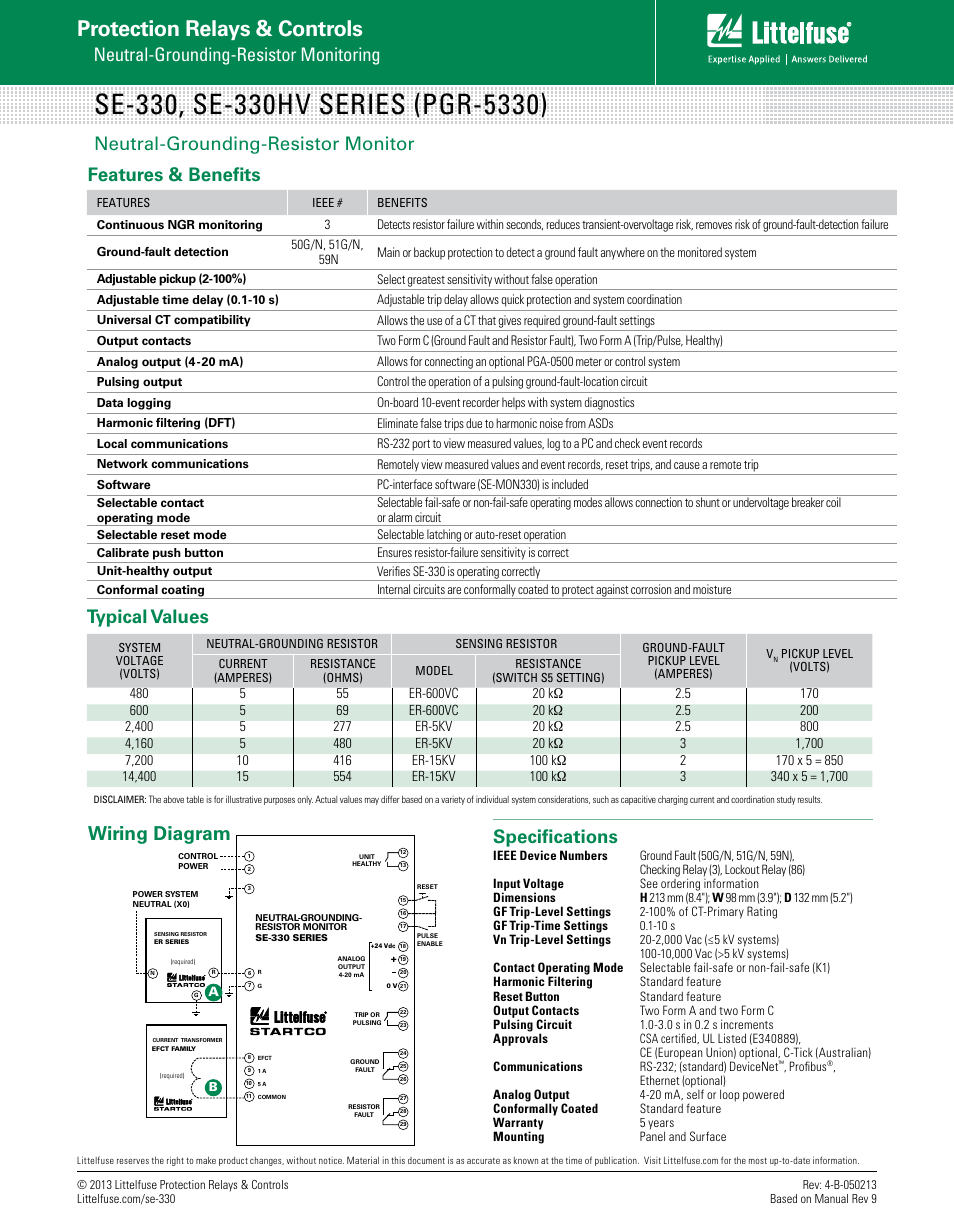 Protection relays & controls, Wiring diagram, Specifications | Neutral-grounding-resistor monitoring, Features & benefits, Typical values, Neutral-grounding-resistor monitor | Littelfuse SE-330_HV Series User Manual | Page 2 / 2