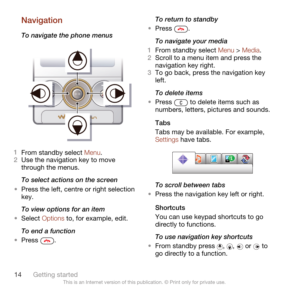 Navigation | Sony Ericsson W705 User Manual | Page 16 / 85