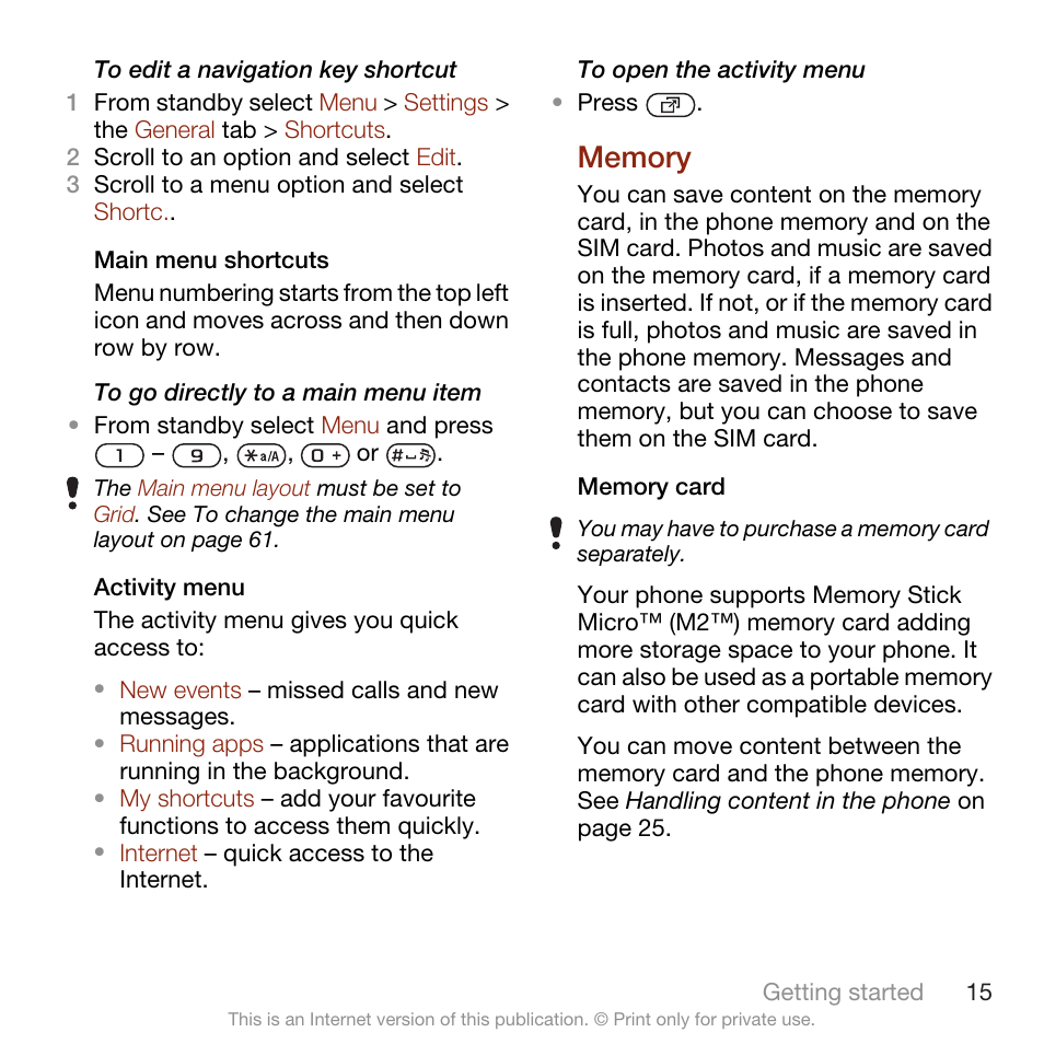 Memory | Sony Ericsson W705 User Manual | Page 17 / 85