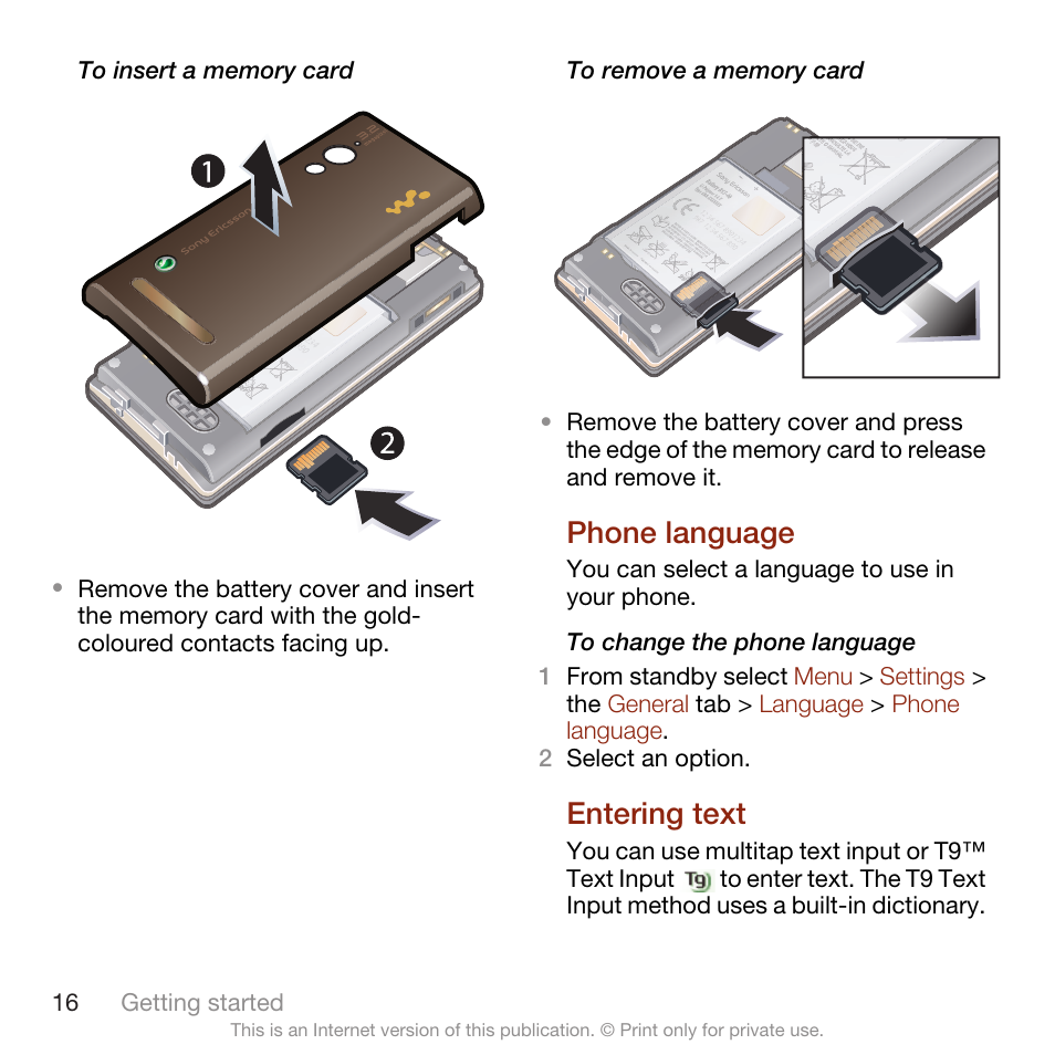 Phone language, Entering text, Phone language entering text | Sony Ericsson W705 User Manual | Page 18 / 85