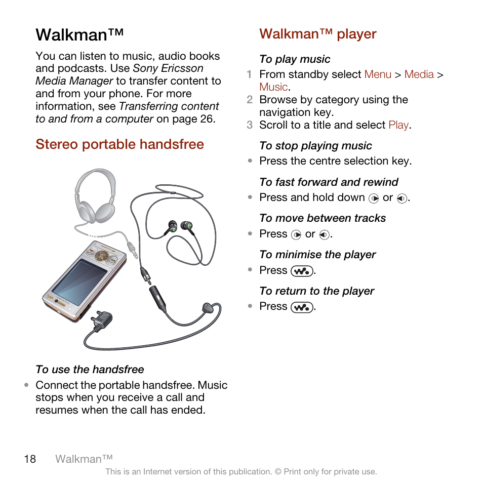 Walkman, Stereo portable handsfree, Walkman™ player | Stereo portable handsfree walkman™ player | Sony Ericsson W705 User Manual | Page 20 / 85