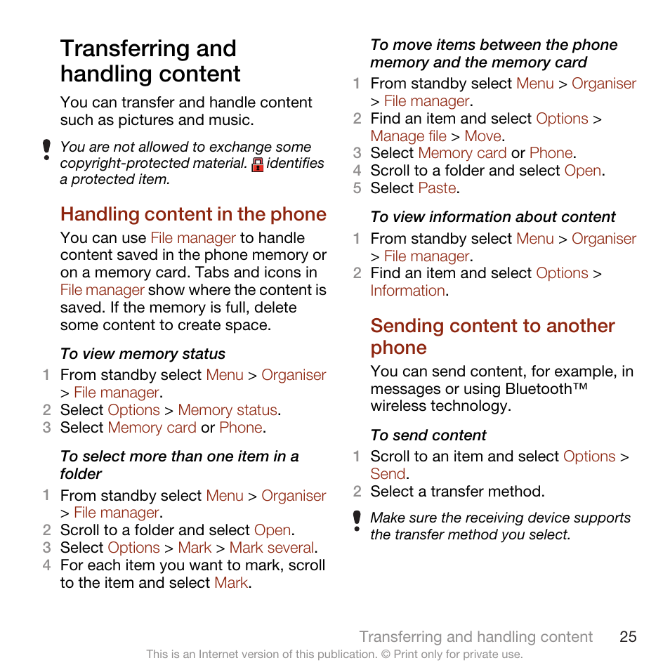 Transferring and handling content, Handling content in the phone, Sending content to another phone | Transferring and, Handling content, Phone | Sony Ericsson W705 User Manual | Page 27 / 85