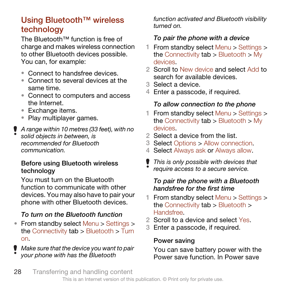 Using bluetooth™ wireless technology, Using bluetooth™ wireless, Technology | Sony Ericsson W705 User Manual | Page 30 / 85