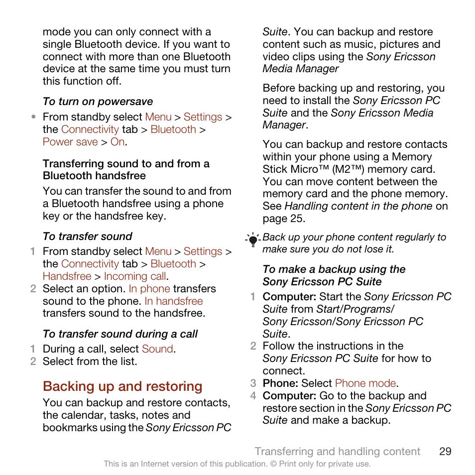 Backing up and restoring | Sony Ericsson W705 User Manual | Page 31 / 85