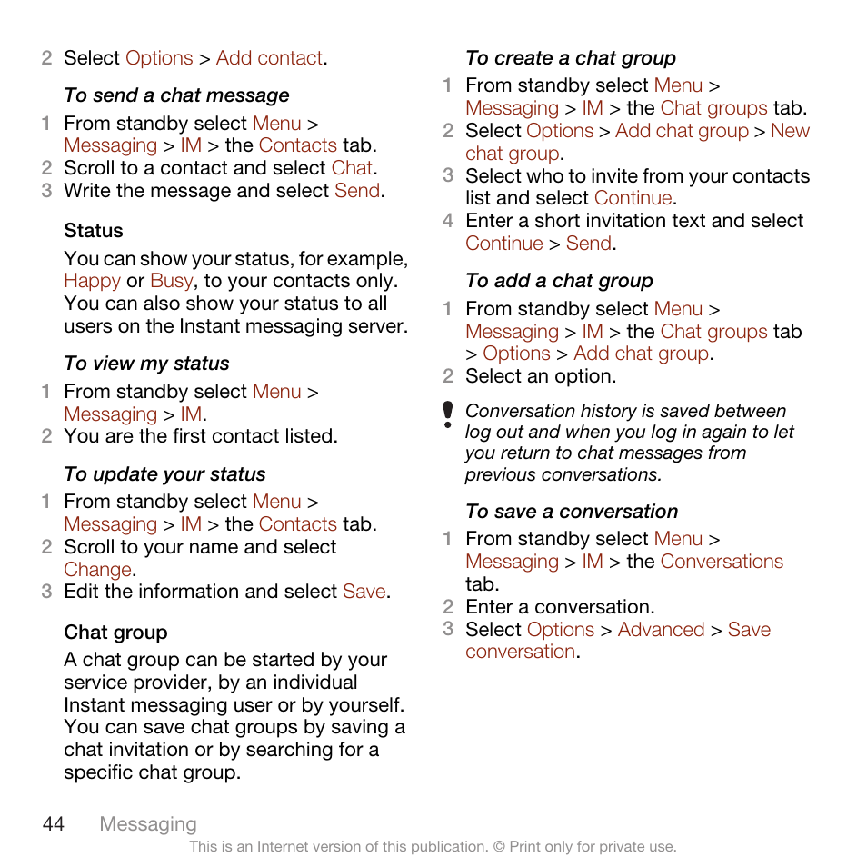 Sony Ericsson W705 User Manual | Page 46 / 85