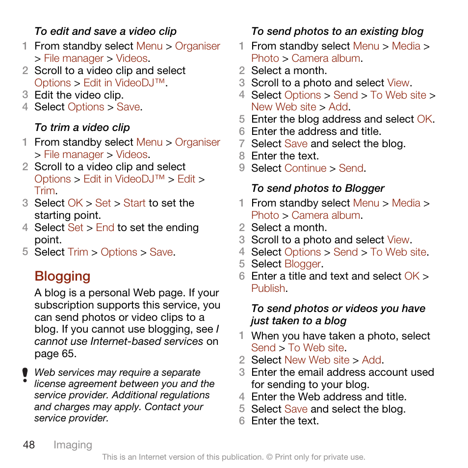 Blogging | Sony Ericsson W705 User Manual | Page 50 / 85