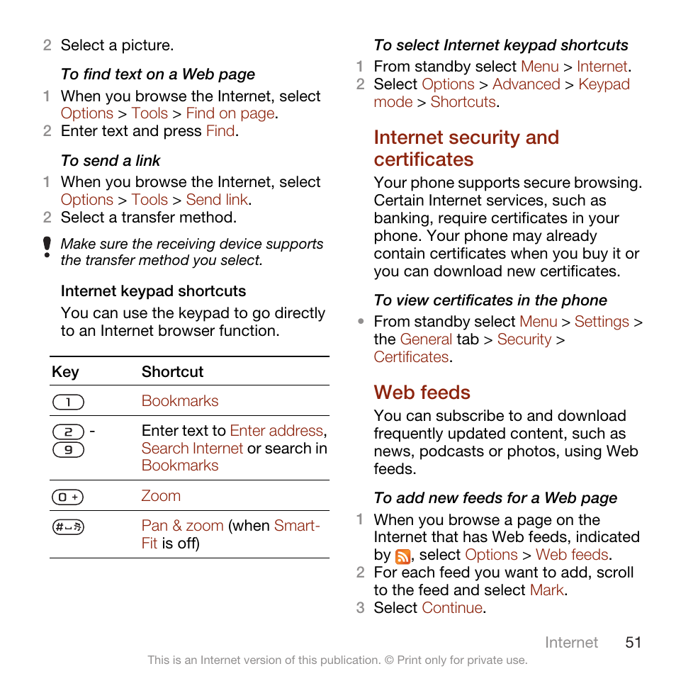 Internet security and certificates, Web feeds, Internet security and certificates web feeds | Sony Ericsson W705 User Manual | Page 53 / 85