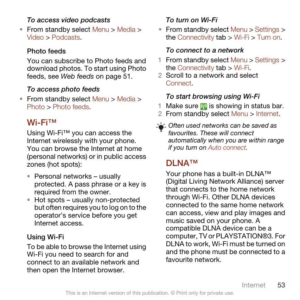 Wi-fi, Dlna, Wi-fi™ dlna | Sony Ericsson W705 User Manual | Page 55 / 85