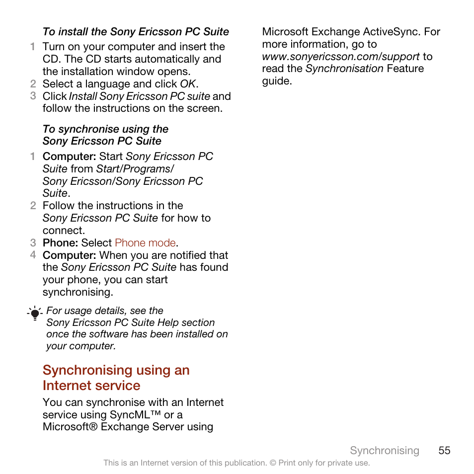 Synchronising using an internet service, Synchronising using an internet, Service | Sony Ericsson W705 User Manual | Page 57 / 85