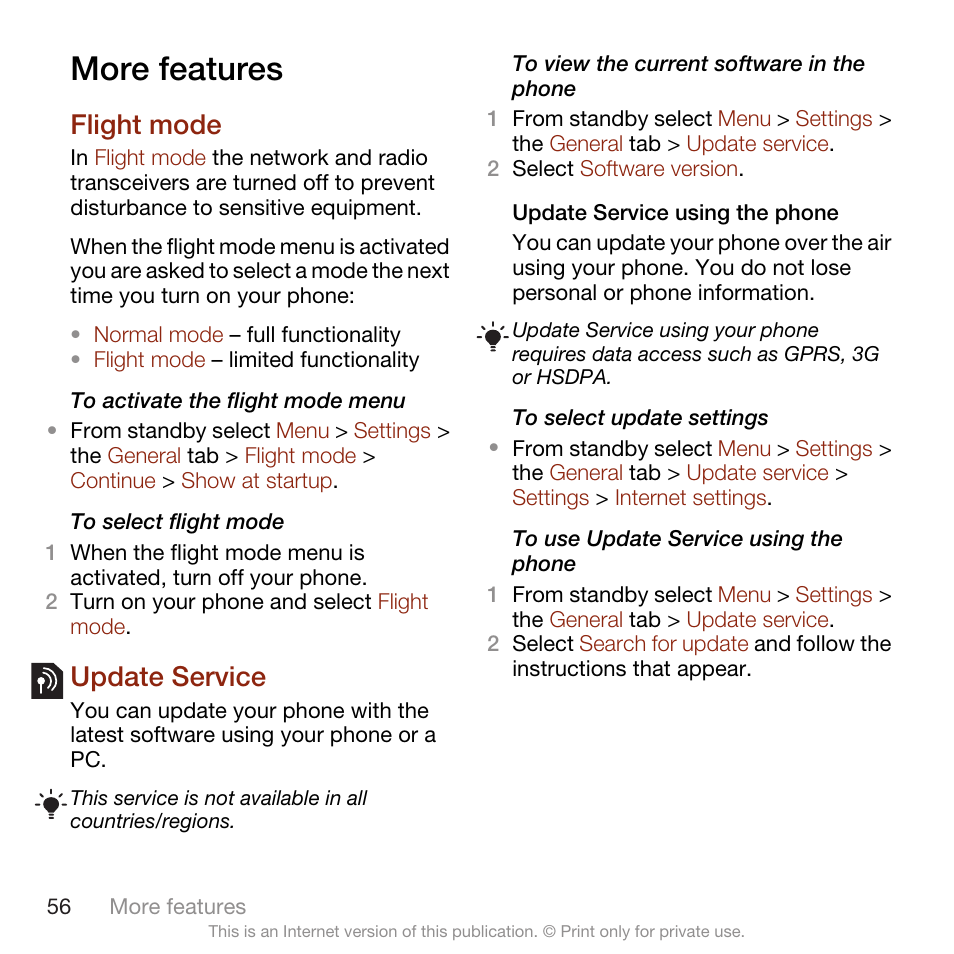 More features, Flight mode, Update service | Flight mode update service | Sony Ericsson W705 User Manual | Page 58 / 85