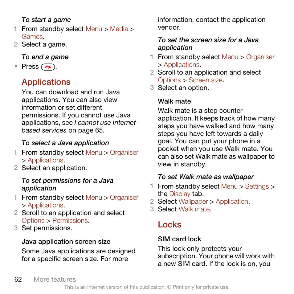 Applications, Locks, Applications locks | A row, the sim card is blocked. see sim | Sony Ericsson W705 User Manual | Page 64 / 85