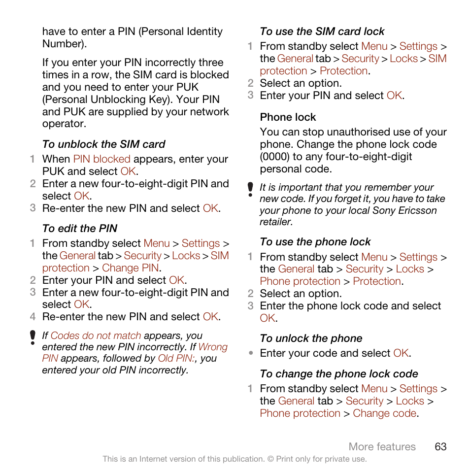 Sony Ericsson W705 User Manual | Page 65 / 85