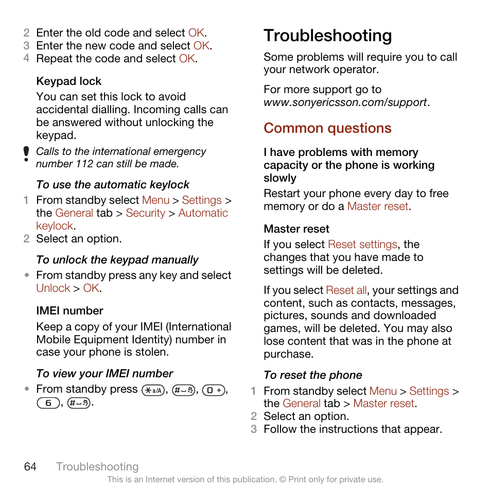 Troubleshooting, Common questions | Sony Ericsson W705 User Manual | Page 66 / 85