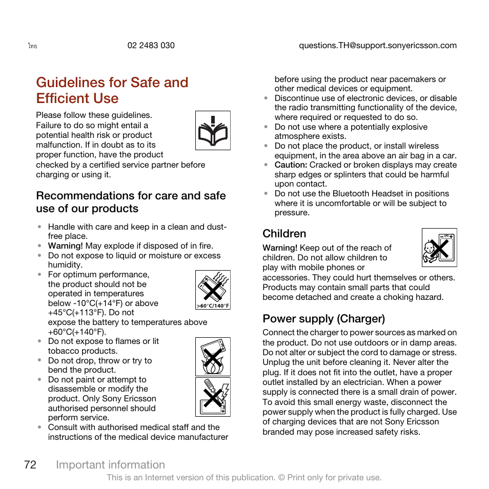 Guidelines for safe and efficient use, Children, Power supply (charger) | 72 important information | Sony Ericsson W705 User Manual | Page 74 / 85
