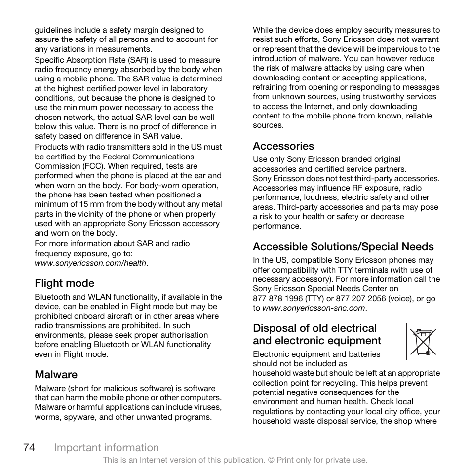 Sony Ericsson W705 User Manual | Page 76 / 85