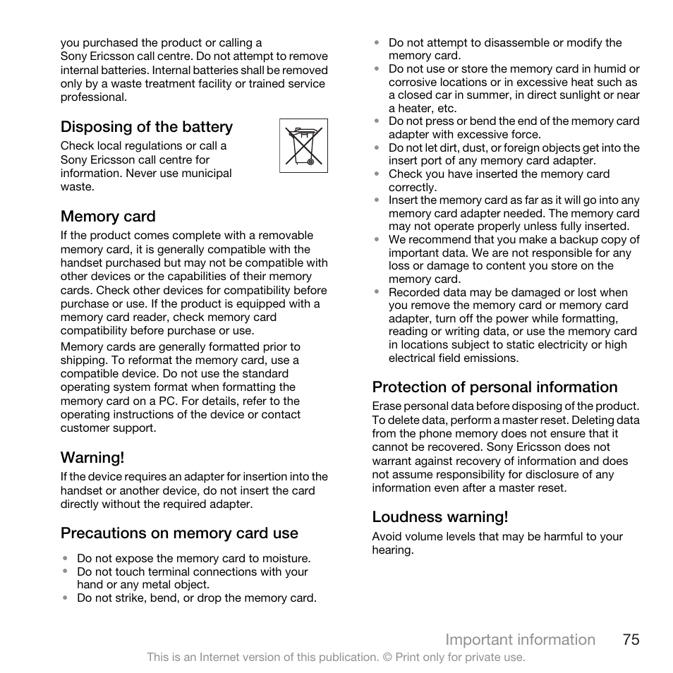 Disposing of the battery, Warning, Protection of personal information | Loudness warning, Important information 75 | Sony Ericsson W705 User Manual | Page 77 / 85