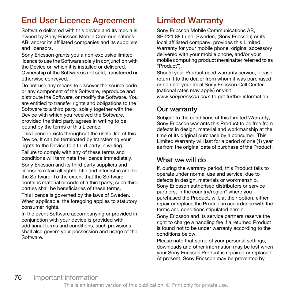 End user licence agreement, Limited warranty | Sony Ericsson W705 User Manual | Page 78 / 85