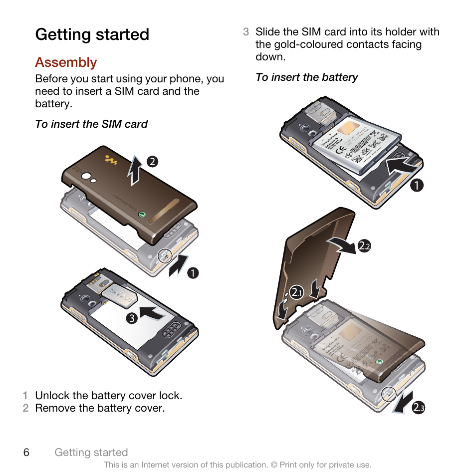 Getting started, Assembly | Sony Ericsson W705 User Manual | Page 8 / 85