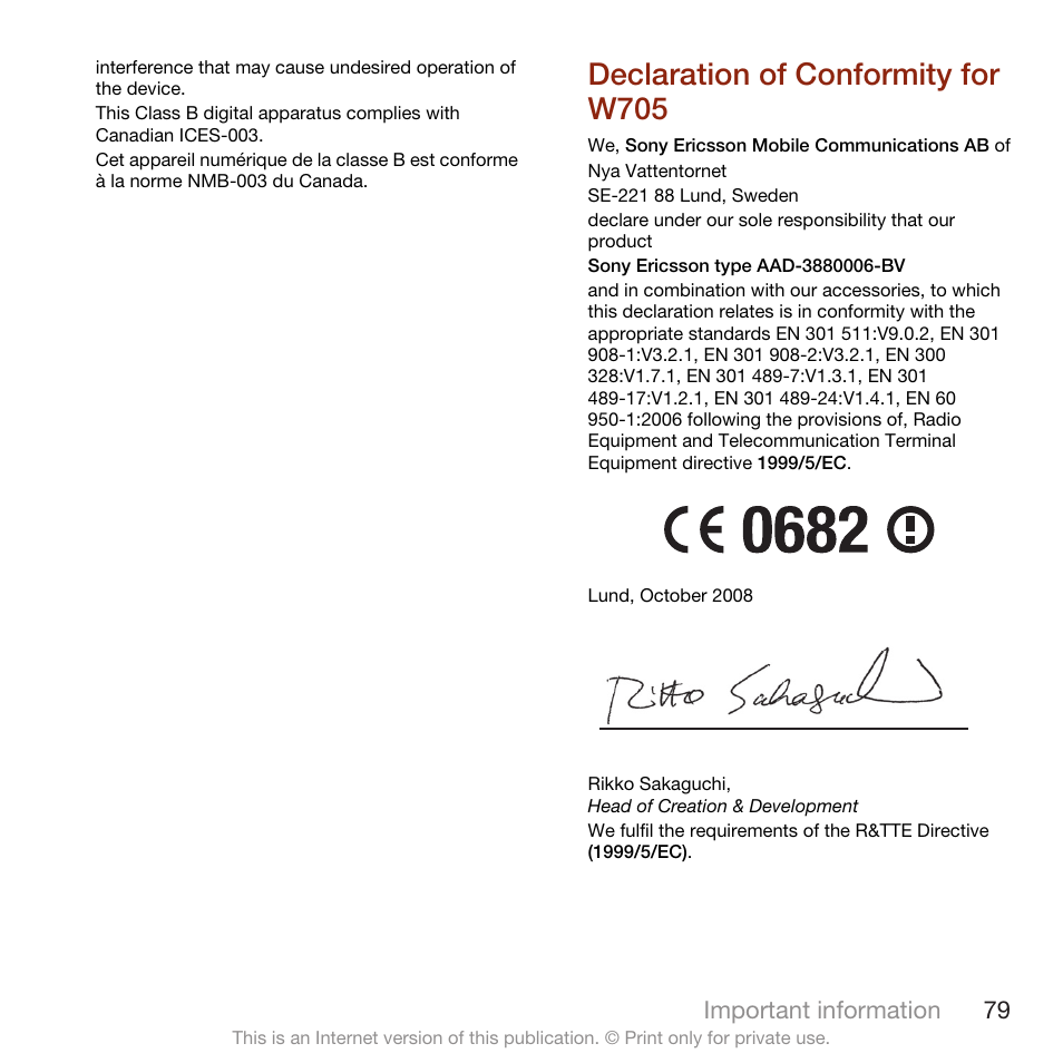 Declaration of conformity for w705 | Sony Ericsson W705 User Manual | Page 81 / 85