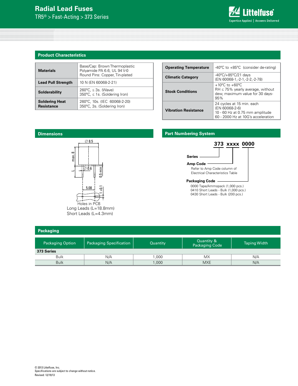 Radial lead fuses, Fast-acting > 373 series | Littelfuse 373 Series User Manual | Page 3 / 3