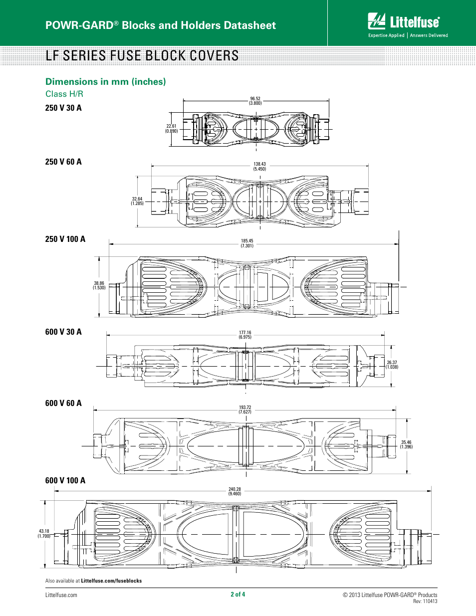 Lf series fuse block covers, Powr-gard, Blocks and holders datasheet | Dimensions in mm (inches), Class h/r | Littelfuse LF Series User Manual | Page 2 / 4