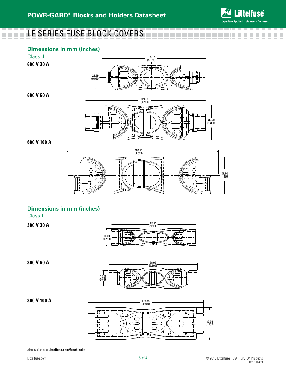 Lf series fuse block covers, Powr-gard, Blocks and holders datasheet | Dimensions in mm (inches), Class j, Class t | Littelfuse LF Series User Manual | Page 3 / 4