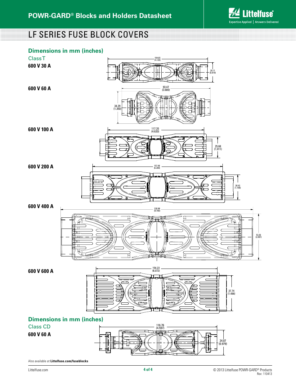 Lf series fuse block covers, Powr-gard, Blocks and holders datasheet | Dimensions in mm (inches), Class t, Class cd | Littelfuse LF Series User Manual | Page 4 / 4
