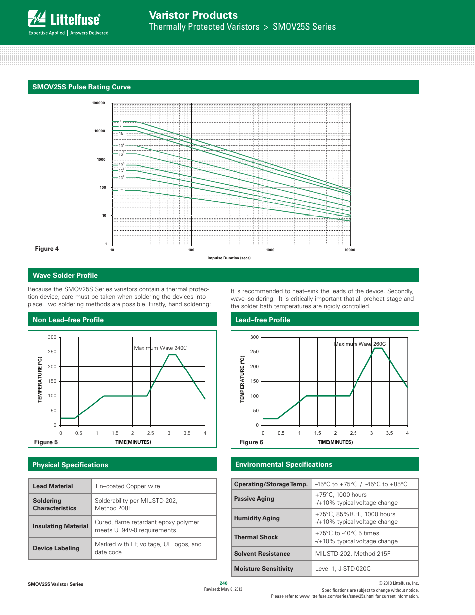 Varistor products, Thermally protected varistors > smov25s series, Wave solder proﬁle | Lead–free proﬁle, Non lead–free proﬁle | Littelfuse SMOV25S Varistor Series User Manual | Page 4 / 6