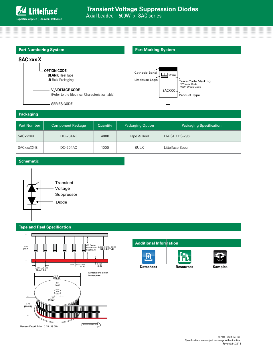 Transient voltage suppression diodes, Axial leaded – 500w > sac series, Sac xxx x | Littelfuse SAC Series User Manual | Page 4 / 4