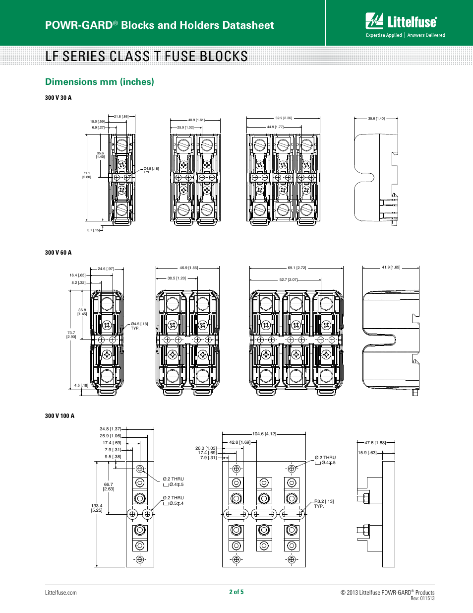 Lf series class t fuse blocks, Powr-gard, Blocks and holders datasheet | Dimensions mm (inches), 2 of 5 | Littelfuse LFT Series User Manual | Page 2 / 5