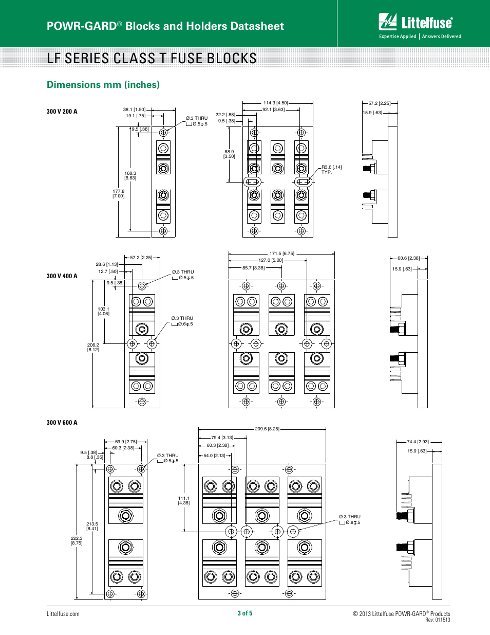 Lf series class t fuse blocks, Powr-gard, Blocks and holders datasheet | Dimensions mm (inches) | Littelfuse LFT Series User Manual | Page 3 / 5