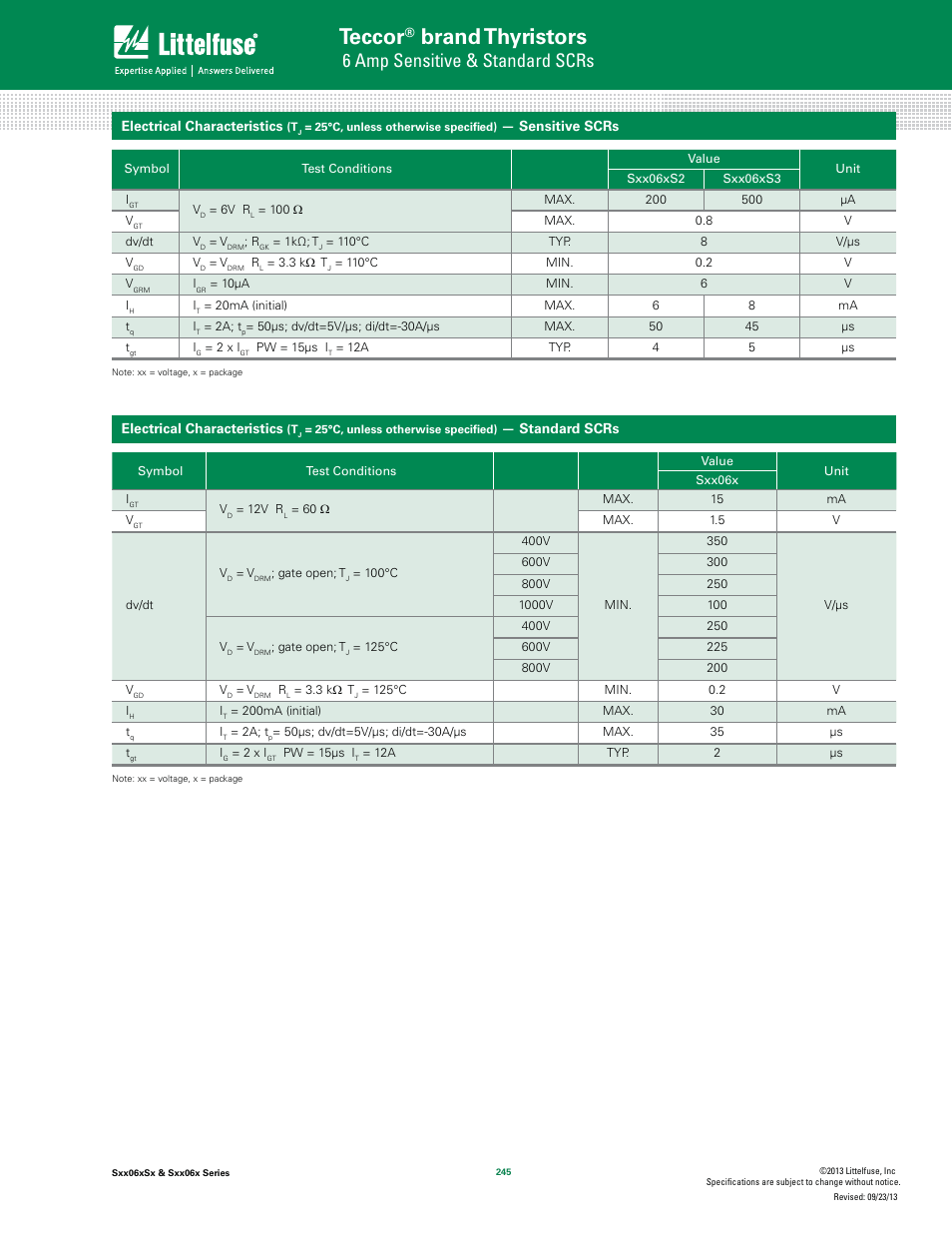 Teccor, Brand thyristors, 6 amp sensitive & standard scrs | Littelfuse Sxx06x Series User Manual | Page 3 / 11