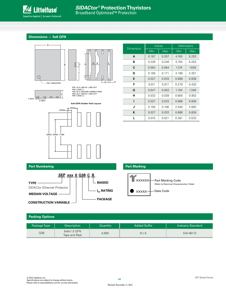 Sidactor, Protection thyristors, Broadband optimized | Protection, Sep xxx 0 q38 c b | Littelfuse SEP Biased Series 5x6 QFN User Manual | Page 4 / 5