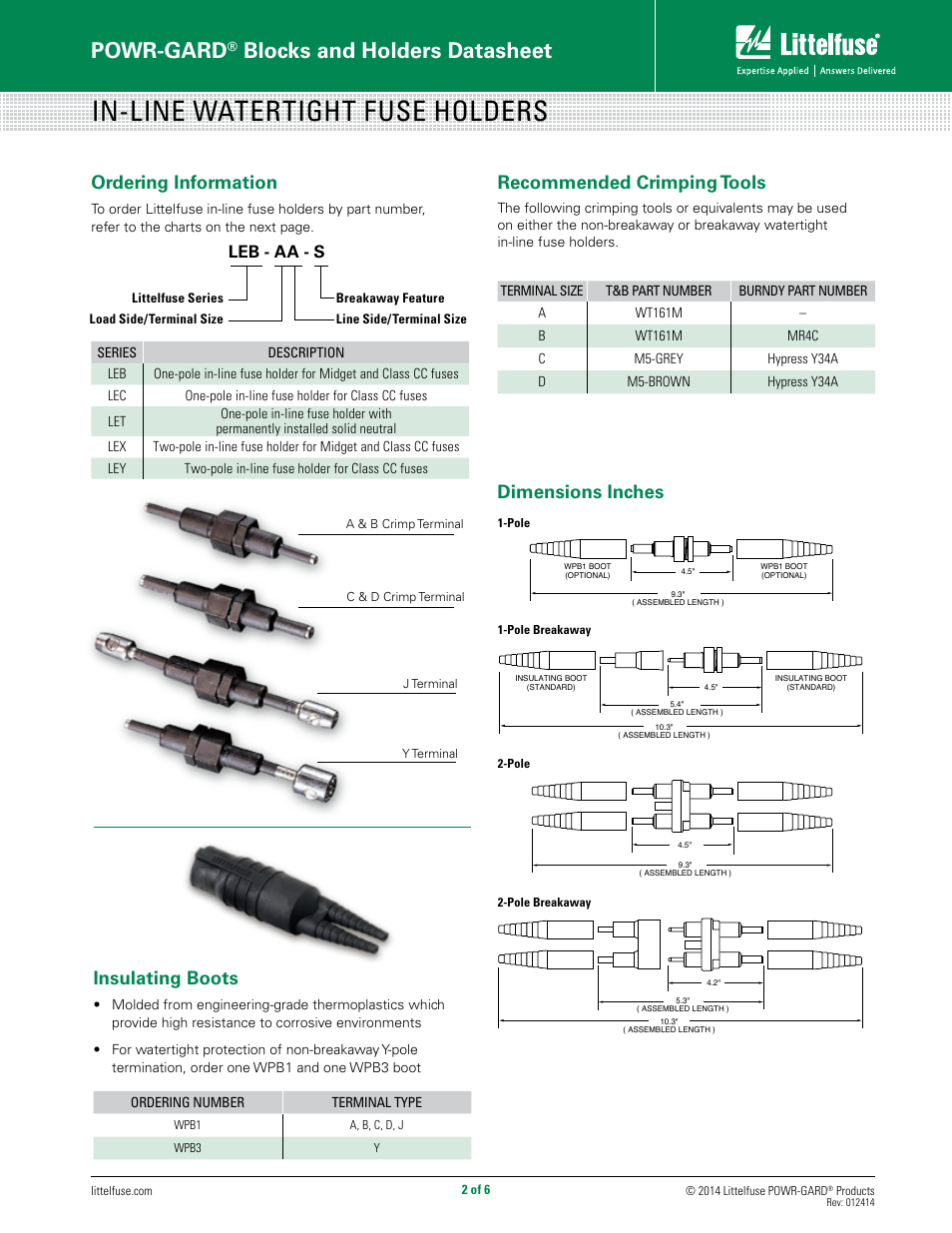 In-line watertight fuse holders, Powr-gard, Blocks and holders datasheet | Ordering information, Recommended crimping tools, Dimensions inches, Insulating boots, Leb - aa - s | Littelfuse LEB Series User Manual | Page 2 / 6
